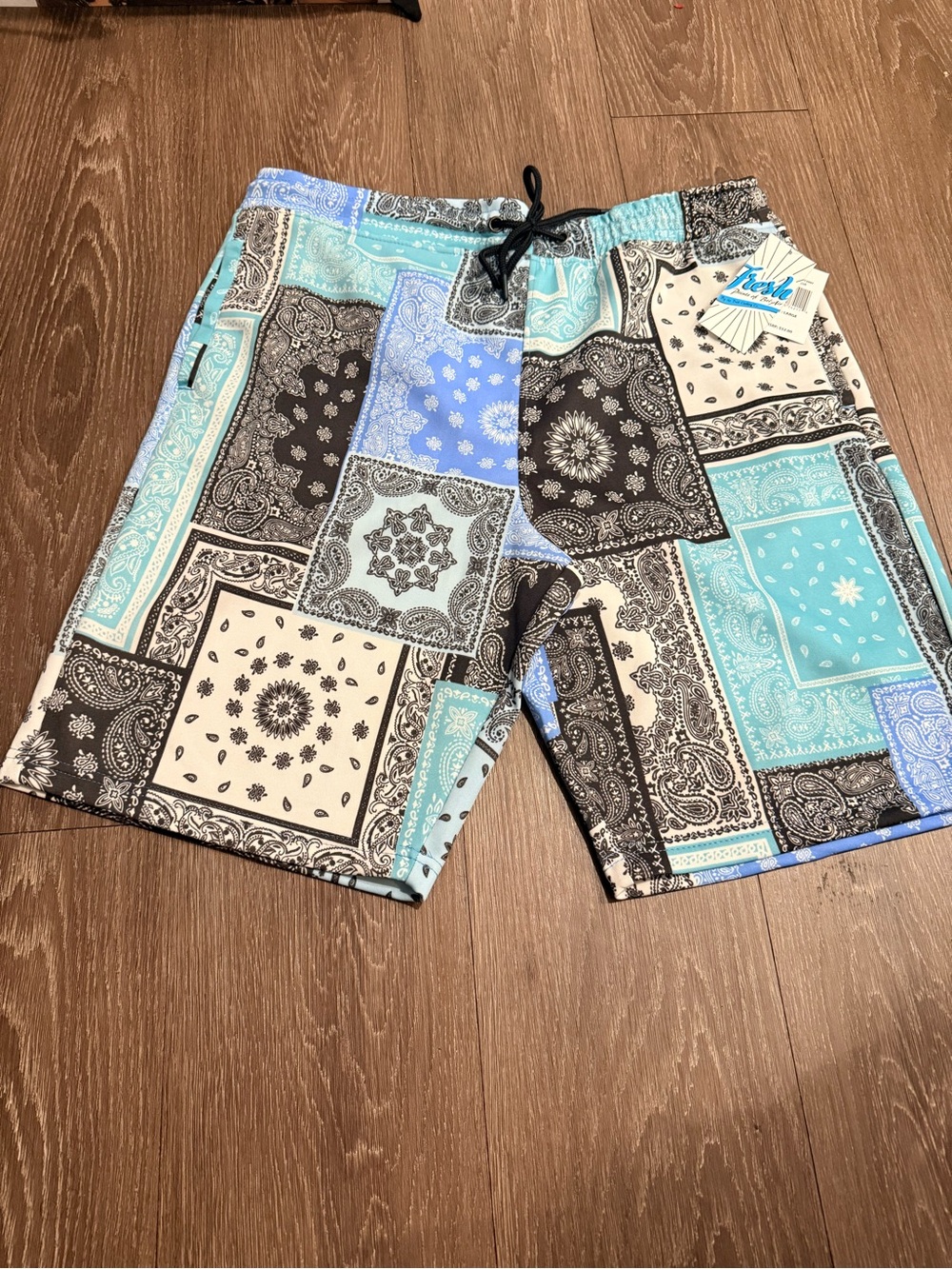 fresh Teal, Black & Cream Patchwork Bandana Swim Trunks